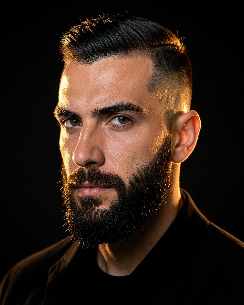 Portrait of a guest with a finished fade and shaped beard