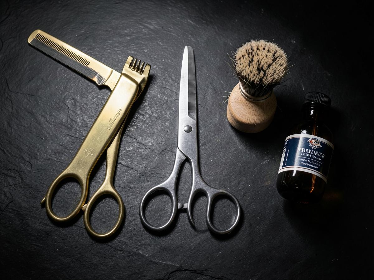 Brass clippers, scissors, badger brush and tonic on dark slate